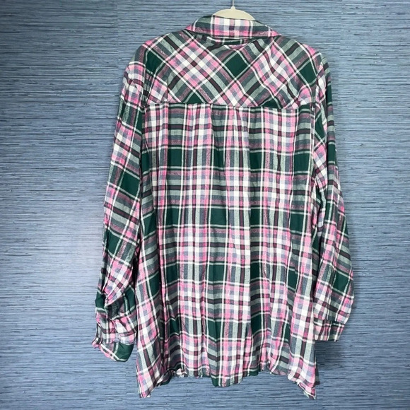 NWT Lane Bryant Pink Green Plaid Long Sleeve Button Blouse Roll Tab Sleeve 26/28 - Picture 6 of 6